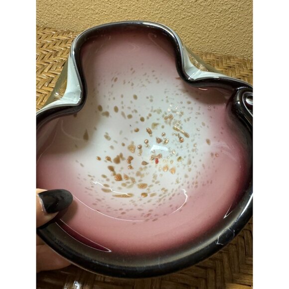 Murano Art Glass Bowl  Freeform Pink Black Purple White And Gold Swirl Design - Picture 6 of 11